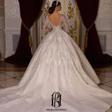 V-Neck Long Sleeve Lace Appliquéd Glitter Wedding Dress