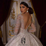 V-Neck Long Sleeve Lace Appliquéd Glitter Wedding Dress