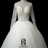 Long Sleeves Round Neck Pearl Beaded Lace Bride Wedding Dress selina202241828