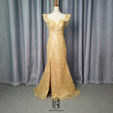 sexy gold sequins V-Neck evening dress with slit selina20227201