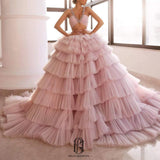 Pink Prom Dress Lace Ball Gown Formal Evening Gown V-Neck backless Long Prom Dresses